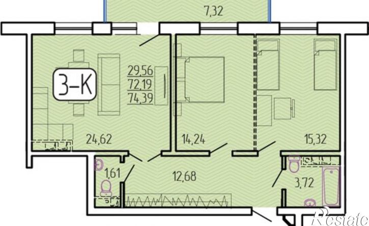 3-комн квартира в новом доме 129-й микрорайон