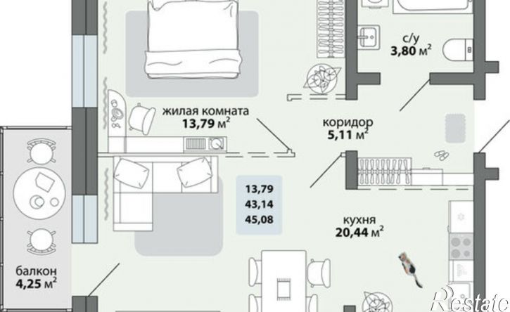 1-комн квартира в новом доме 129-й микрорайон